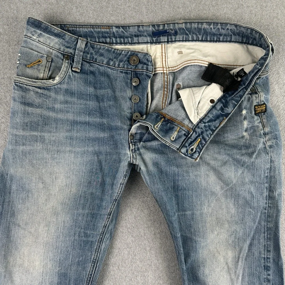 G-Star Raw Jeans Mens Blue GS BAW-01‎ Straight Leg Button Fly Distressed Denim